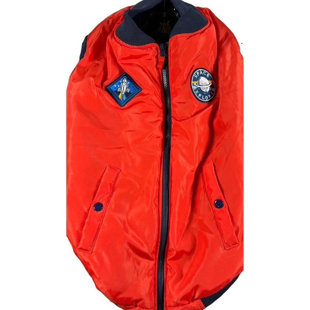 Dog Puffer Vest Orange Space Explorer NASA Rocket Ship Zip Up